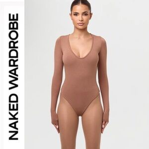 Naked Wardrobe🤎 NW Sculpt Deep V Neck Brown “coco” Bodysuit ||Small 🤎 NWT